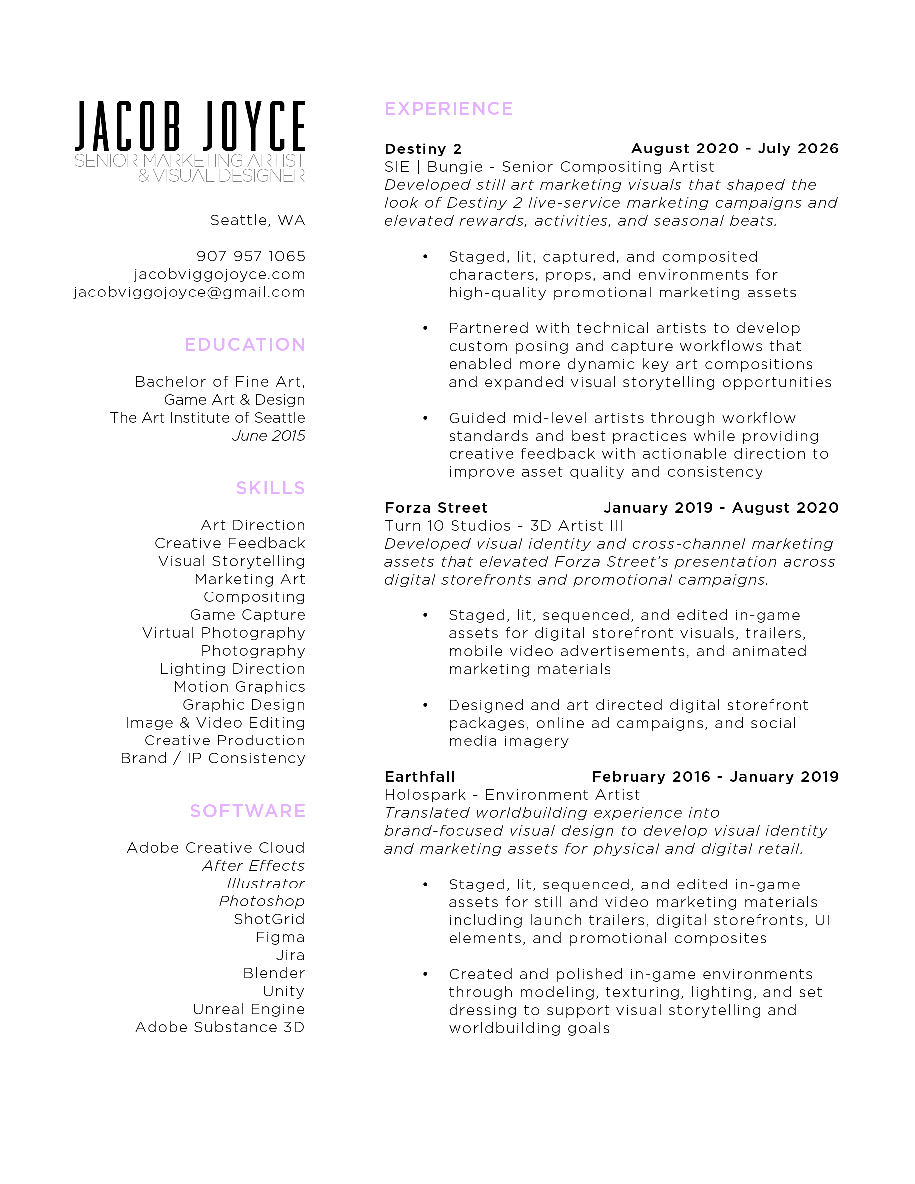 Resume for Jacob Joyce, Senior Marketing Artist and Visual Designer